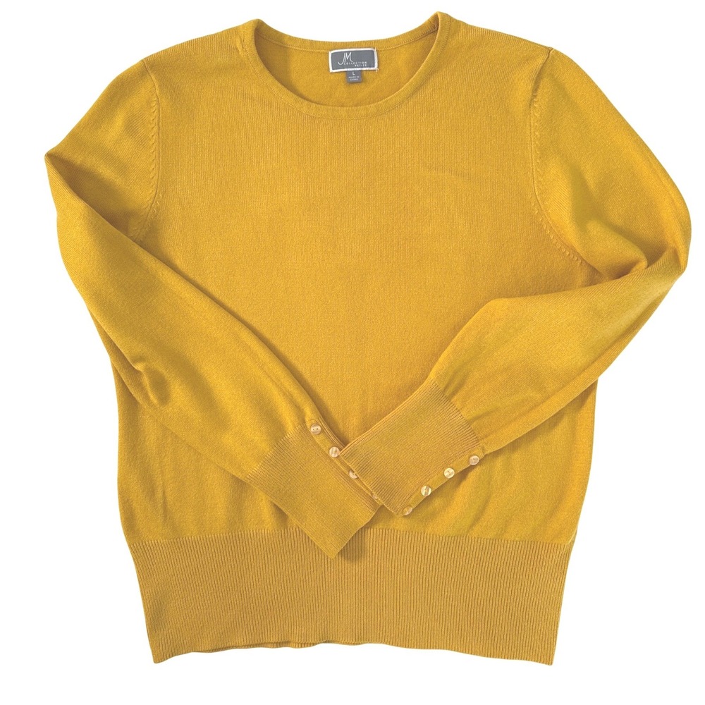JM COLLECTION Petite Mustard Yellow Crewneck Sweater Button Cuff Women's L - Picture 6 of 9
